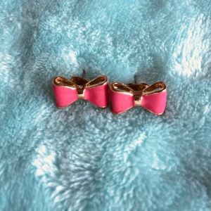 Hot Pink and Gold Bow Stud Earrings